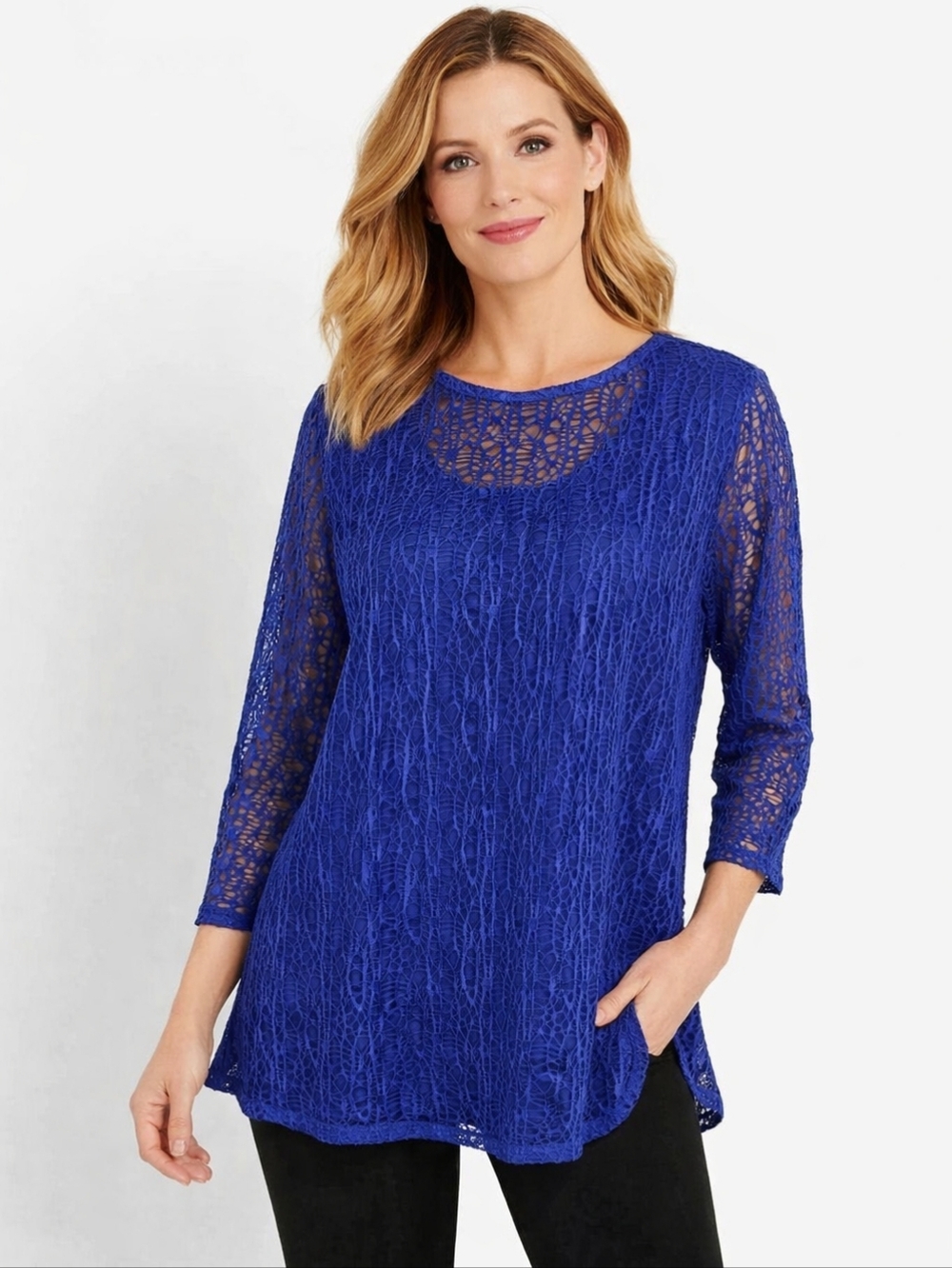 Peck & Peck Women's Blue Crochet Top Size L